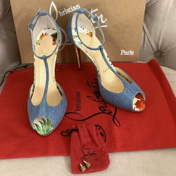Christian Louboutin Women Senora 4" Denim Hawaii Peep Toe Pumps Sz 36.5 Blue NIB - Picture 1 of 15